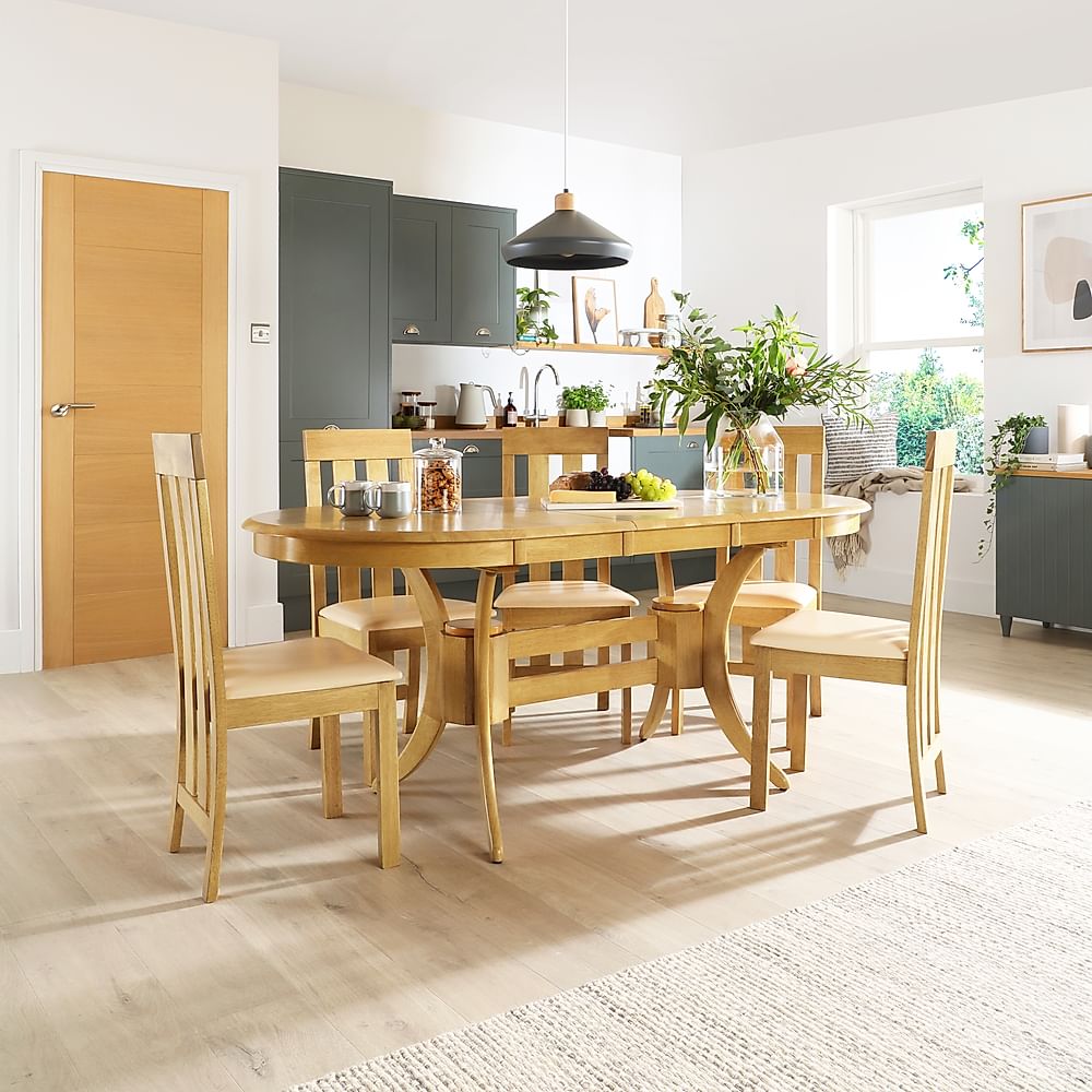 Townhouse Oval Extending Dining Table & 6 Chester Chairs, Natural Oak Finished Solid Hardwood, Ivory Classic Faux Leather, 150-180cm