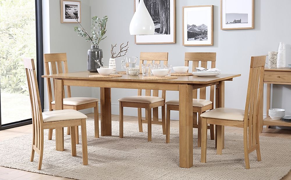 Bali Extending Dining Table & 6 Chester Chairs, Natural Oak Finished Solid Hardwood, Ivory Classic Faux Leather, 150-180cm