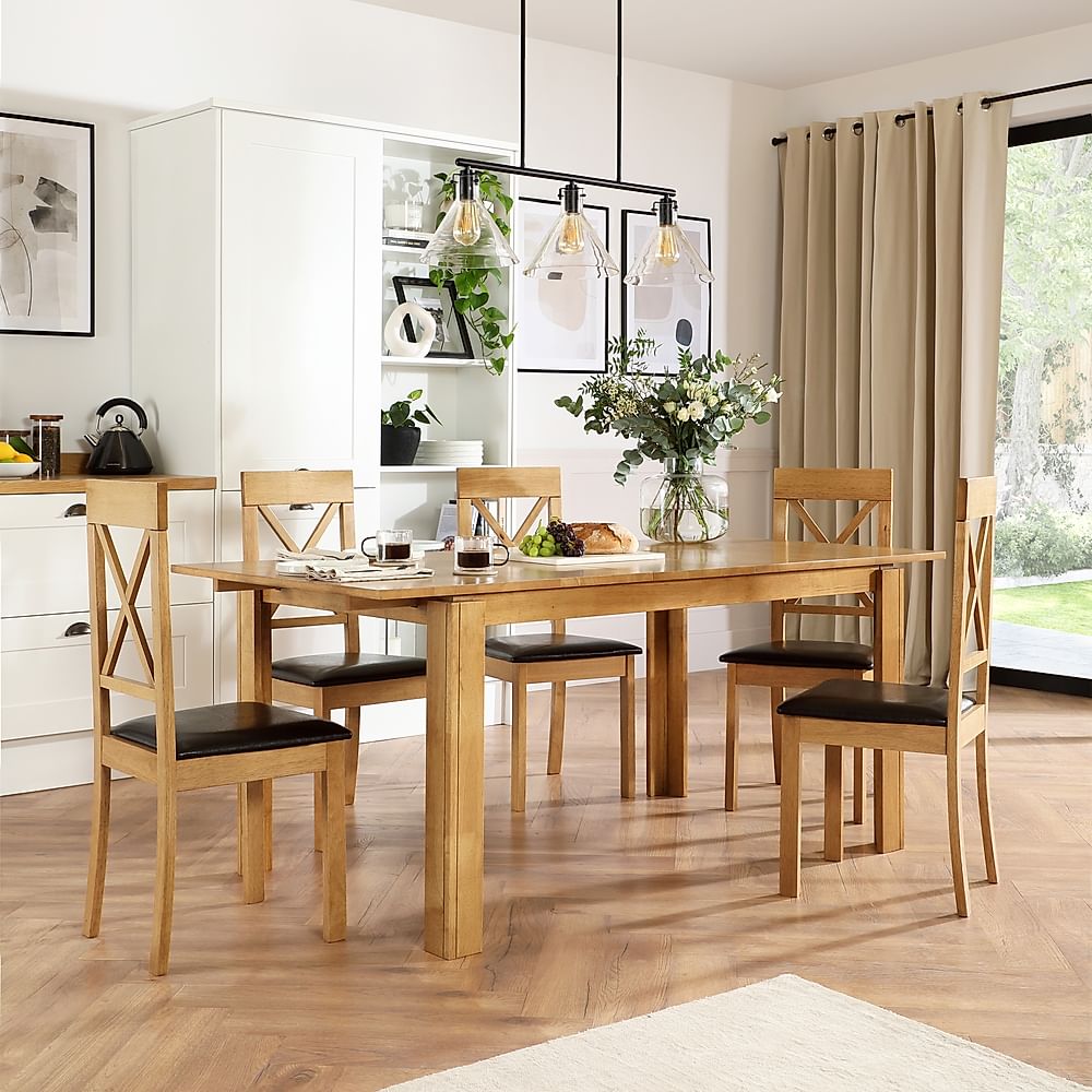 Bali Extending Dining Table & 4 Kendal Chairs, Natural Oak Finished Solid Hardwood, Brown Classic Faux Leather, 150-180cm