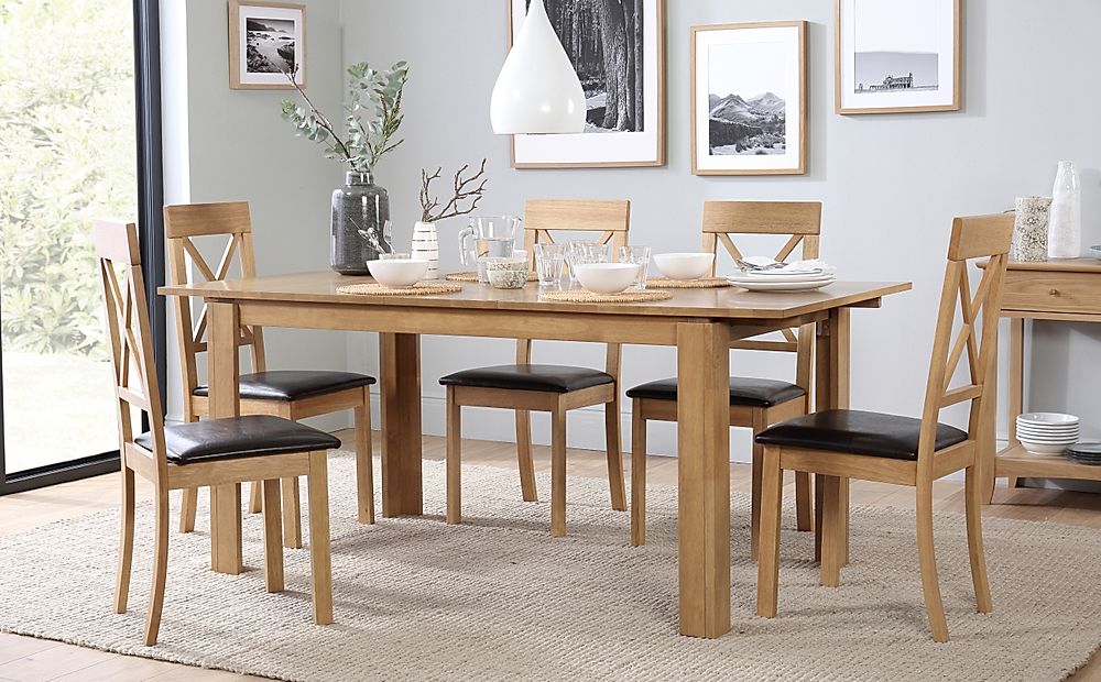 Bali Extending Dining Table & 6 Kendal Chairs, Natural Oak Finished Solid Hardwood, Brown Classic Faux Leather, 150-180cm