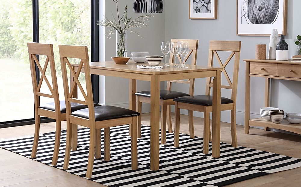 Milton Dining Table & 4 Kendal Chairs, Natural Oak Finished Solid Hardwood, Brown Classic Faux Leather, 120cm