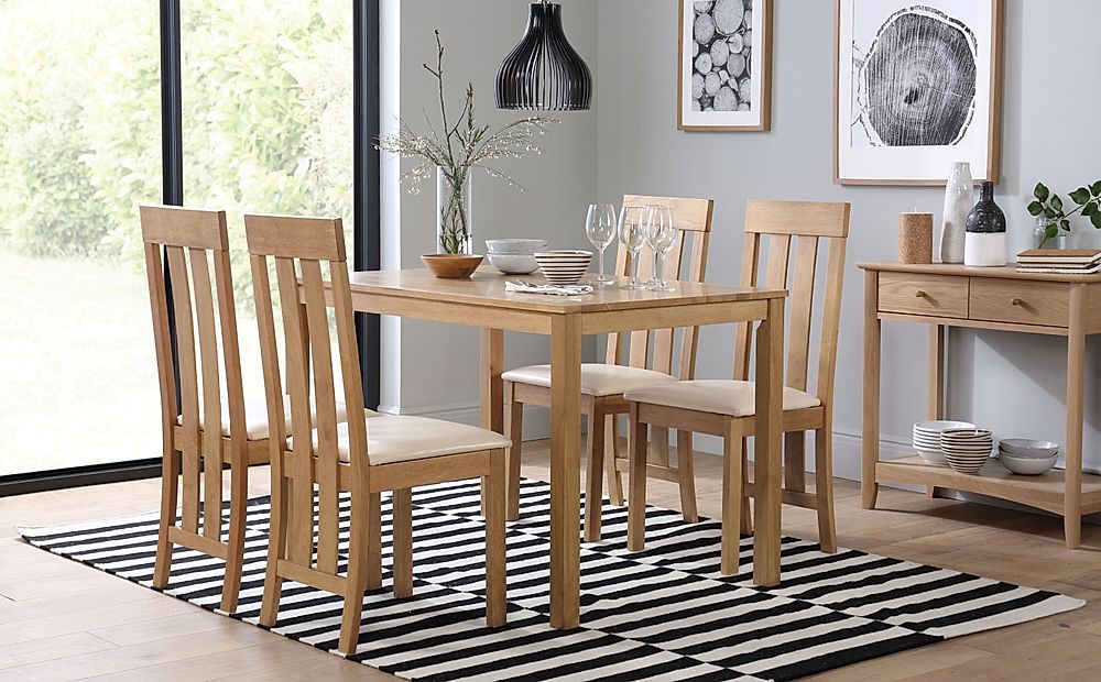 Milton Dining Table & 4 Chester Chairs, Natural Oak Finished Solid Hardwood, Ivory Classic Faux Leather, 120cm