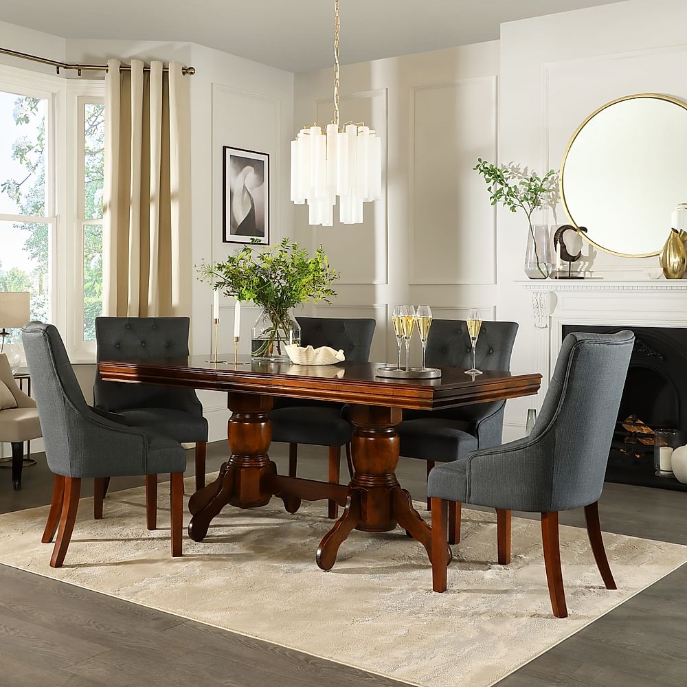 Chatsworth Extending Dining Table & 4 Duke Chairs, Dark Solid Hardwood, Slate Grey Classic Linen-Weave Fabric, 150-180cm