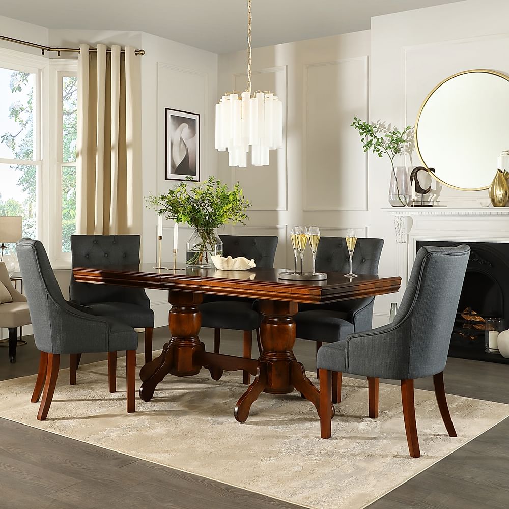 Chatsworth Extending Dining Table & 6 Duke Chairs, Dark Solid Hardwood, Slate Grey Classic Linen-Weave Fabric, 150-180cm