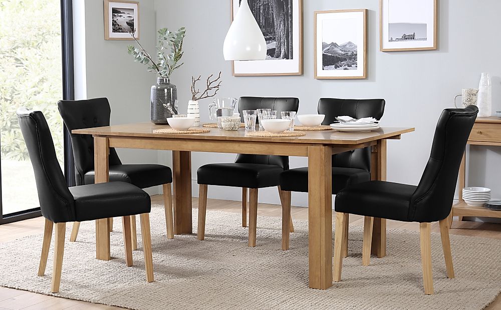 Bali Extending Dining Table & 4 Bewley Chairs, Natural Oak Finished Solid Hardwood, Black Classic Faux Leather, 150-180cm