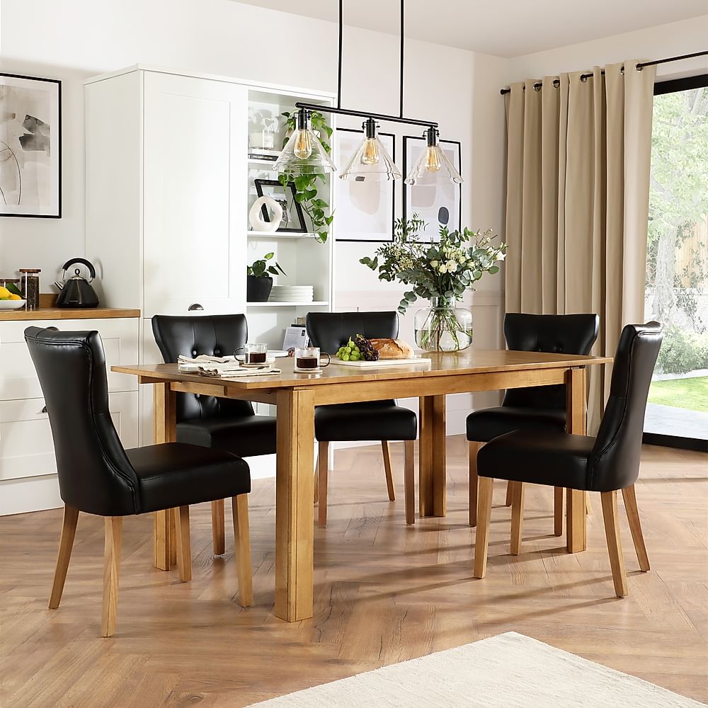 Bali Extending Dining Table & 4 Bewley Chairs, Natural Oak Finished Solid Hardwood, Black Classic Faux Leather, 150-180cm