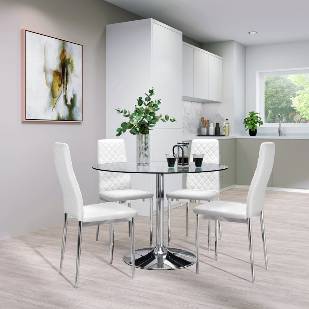 Orbit Round Chrome And Glass Dining, Round Glass Dining Table And 4 White Chairs