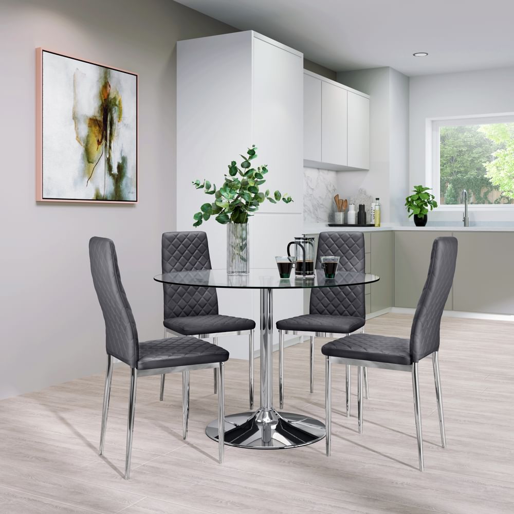 Orbit Round Dining Table & 4 Renzo Chairs, Glass & Chrome, Grey Classic Faux Leather, 110cm
