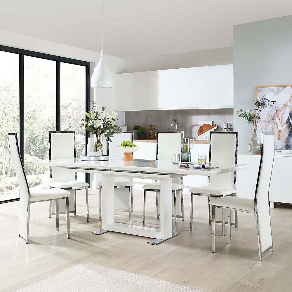 Tokyo Extending Dining Table & 4 Celeste Chairs, White High Gloss, White Classic Faux Leather & Chrome, 160-220cm