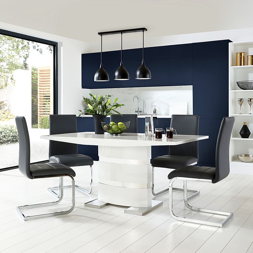 Komoro Dining Table & 6 Perth Chairs, White High Gloss & Chrome, Grey Classic Faux Leather, 160cm