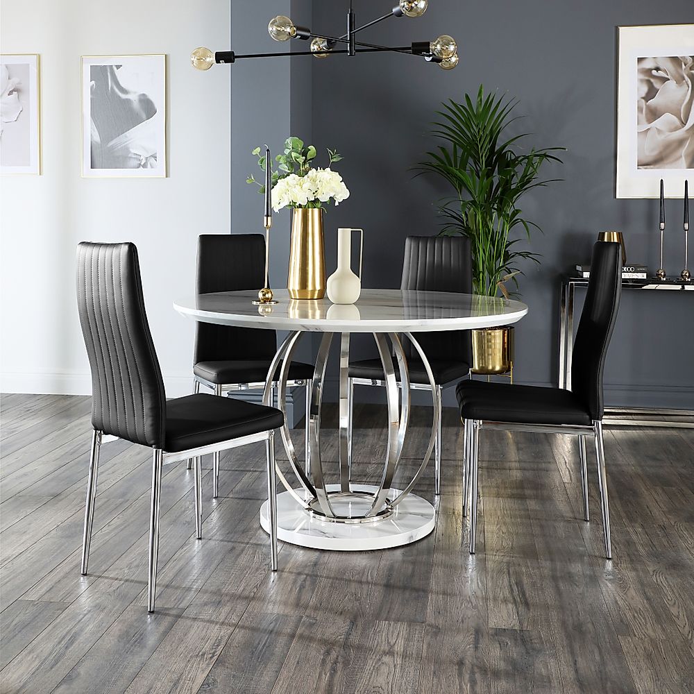 Savoy Round Dining Table & 4 Leon Chairs, White Marble Effect & Chrome, Black Classic Faux Leather, 120cm