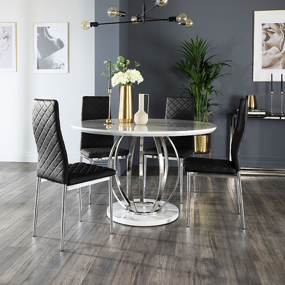 Savoy Round Dining Table & 4 Renzo Chairs, White Marble Effect & Chrome, Black Classic Faux Leather, 120cm