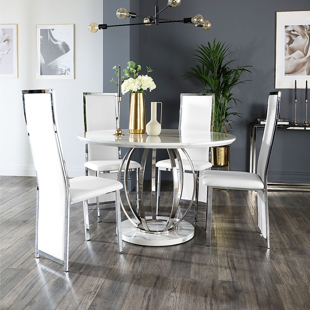 Savoy Round Dining Table & 4 Celeste Chairs, White Marble Effect & Chrome, White Classic Faux Leather, 120cm