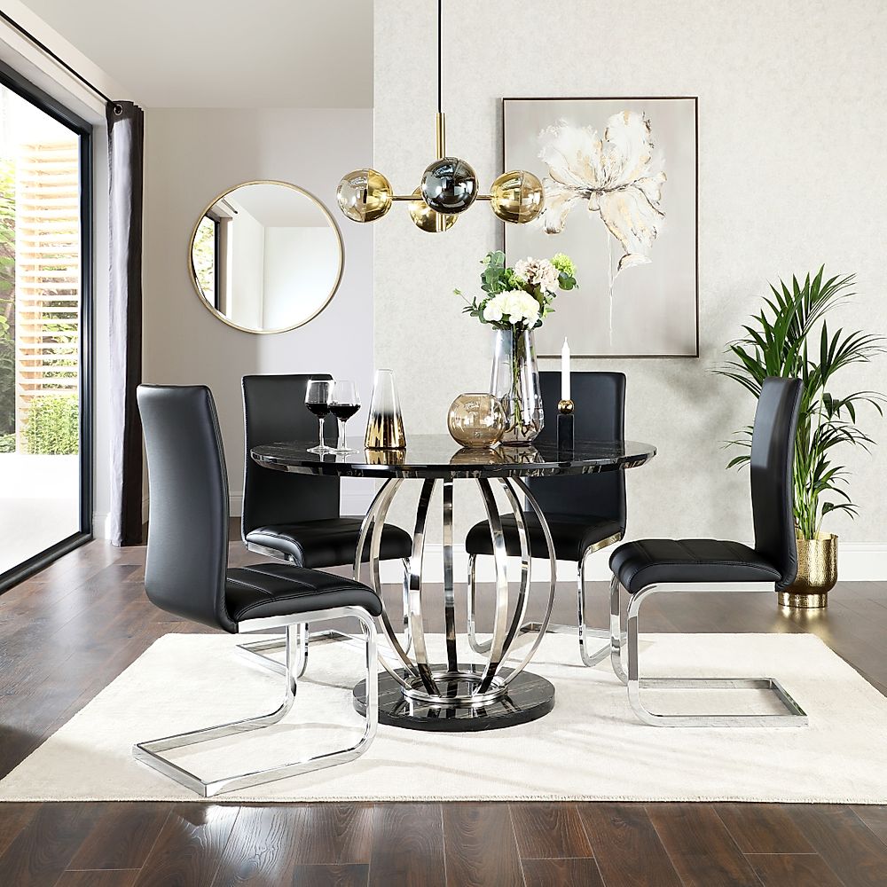 Savoy Round Dining Table & 4 Perth Chairs, Black Marble Effect & Chrome, Black Classic Faux Leather, 120cm