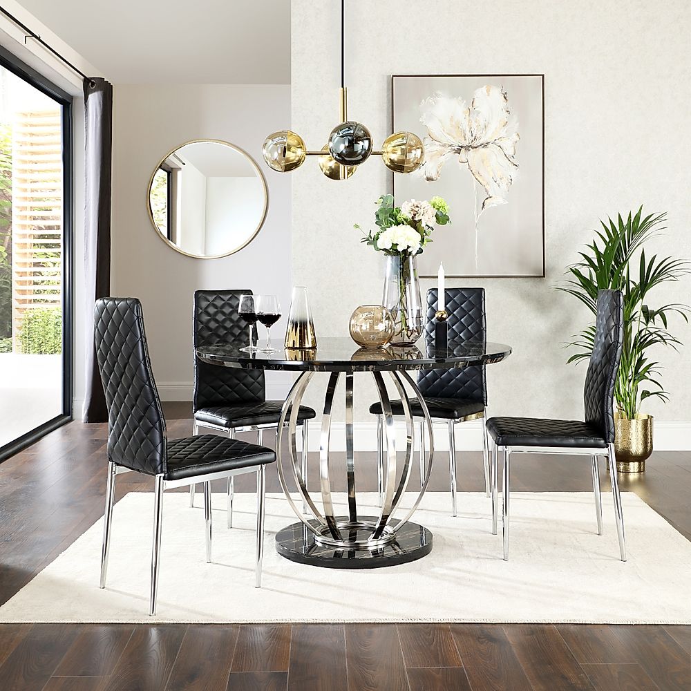 Savoy Round Dining Table & 4 Renzo Chairs, Black Marble Effect & Chrome, Black Classic Faux Leather, 120cm