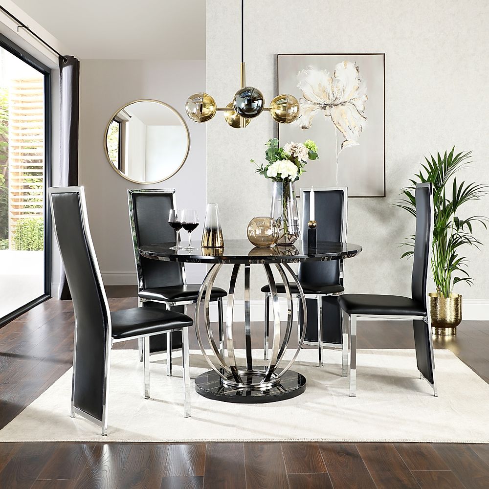 Savoy Round Dining Table & 4 Celeste Chairs, Black Marble Effect & Chrome, Black Classic Faux Leather, 120cm