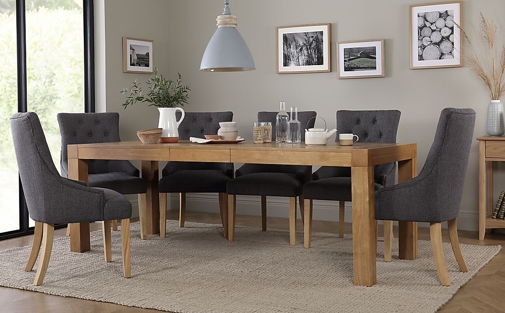 Cambridge Extending Dining Table & 4 Duke Chairs, Natural Oak Veneer & Solid Hardwood, Slate Grey Classic Linen-Weave Fabric & Natural Oak Finished Solid Hardwood, 175-220cm