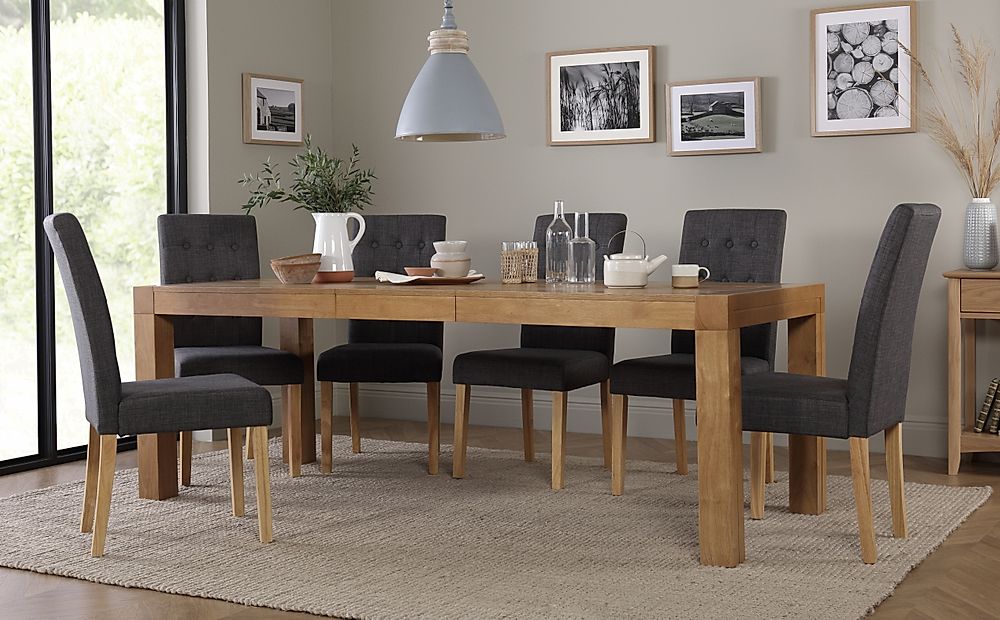 Cambridge Extending Dining Table & 6 Regent Chairs, Natural Oak Veneer & Solid Hardwood, Slate Grey Classic Linen-Weave Fabric & Natural Oak Finished Solid Hardwood, 175-220cm