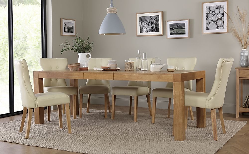 Cambridge Extending Dining Table & 6 Bewley Chairs, Natural Oak Veneer & Solid Hardwood, Ivory Classic Faux Leather & Natural Oak Finished Solid Hardwood, 175-220cm