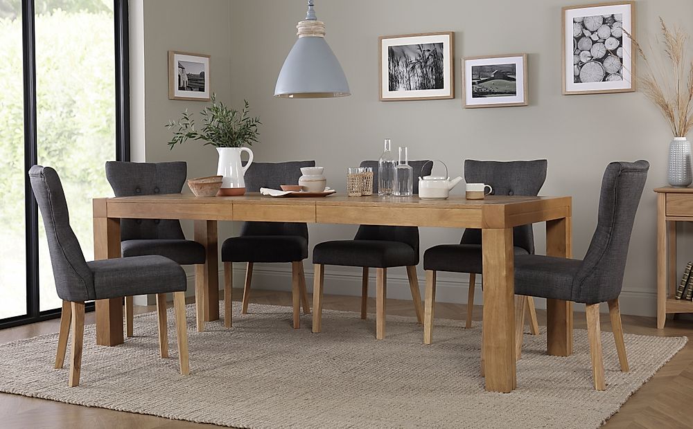 Cambridge Extending Dining Table & 6 Bewley Chairs, Natural Oak Veneer & Solid Hardwood, Slate Grey Classic Linen-Weave Fabric & Natural Oak Finished Solid Hardwood, 175-220cm