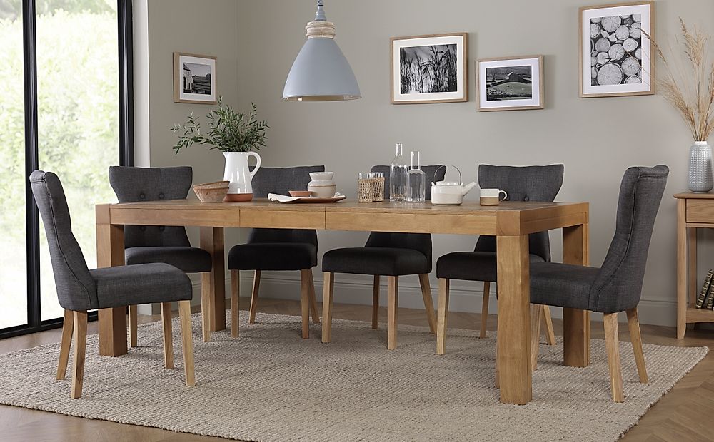 Cambridge Extending Dining Table & 8 Bewley Chairs, Natural Oak Veneer & Solid Hardwood, Slate Grey Classic Linen-Weave Fabric & Natural Oak Finished Solid Hardwood, 175-220cm