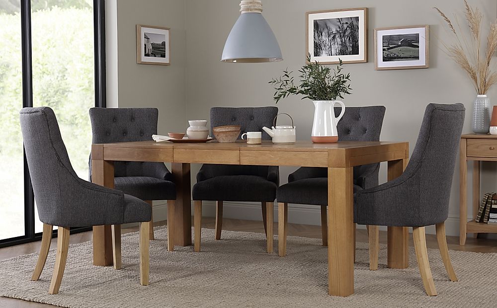 Cambridge Extending Dining Table & 4 Duke Chairs, Natural Oak Veneer & Solid Hardwood, Slate Grey Classic Linen-Weave Fabric & Natural Oak Finished Solid Hardwood, 125-170cm