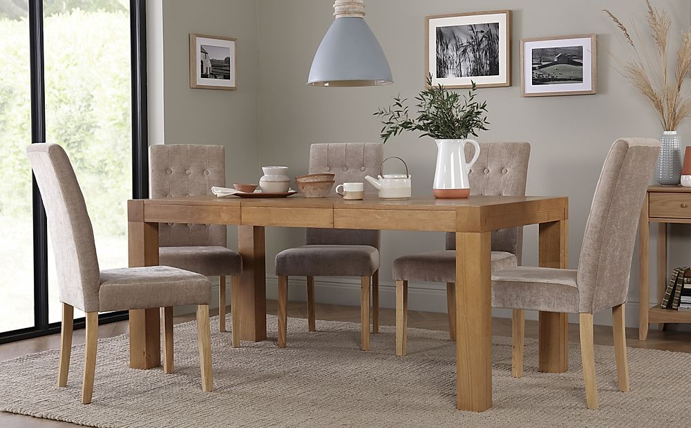 Cambridge Extending Dining Table & 6 Regent Chairs, Natural Oak Veneer & Solid Hardwood, Oatmeal Classic Linen-Weave Fabric & Natural Oak Finished Solid Hardwood, 125-170cm