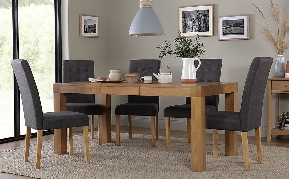 Cambridge Extending Dining Table & 6 Regent Chairs, Natural Oak Veneer & Solid Hardwood, Slate Grey Classic Linen-Weave Fabric & Natural Oak Finished Solid Hardwood, 125-170cm