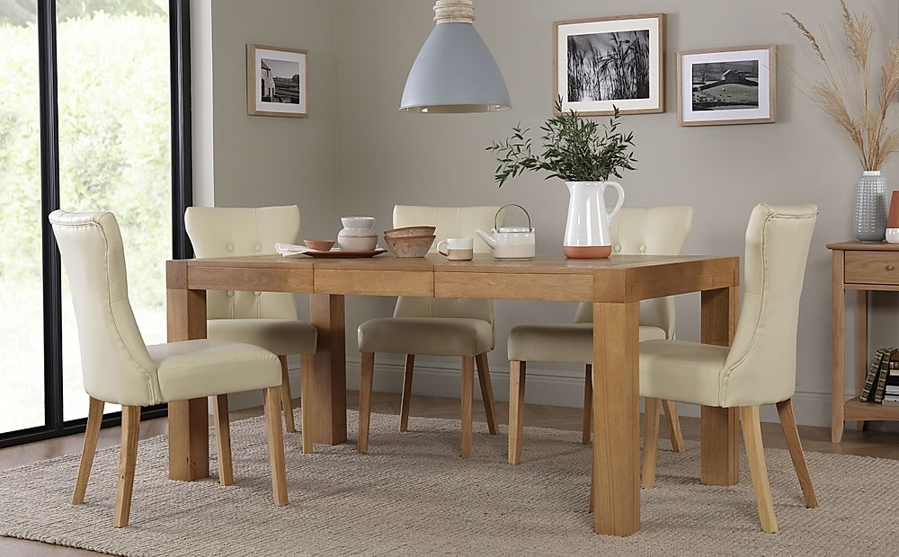 Cambridge Extending Dining Table & 4 Bewley Chairs, Natural Oak Veneer & Solid Hardwood, Ivory Classic Faux Leather & Natural Oak Finished Solid Hardwood, 125-170cm