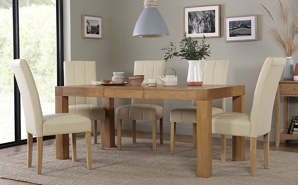 Cambridge Extending Dining Table & 6 Carrick Chairs, Natural Oak Veneer & Solid Hardwood, Ivory Classic Faux Leather & Natural Oak Finished Solid Hardwood, 125-170cm