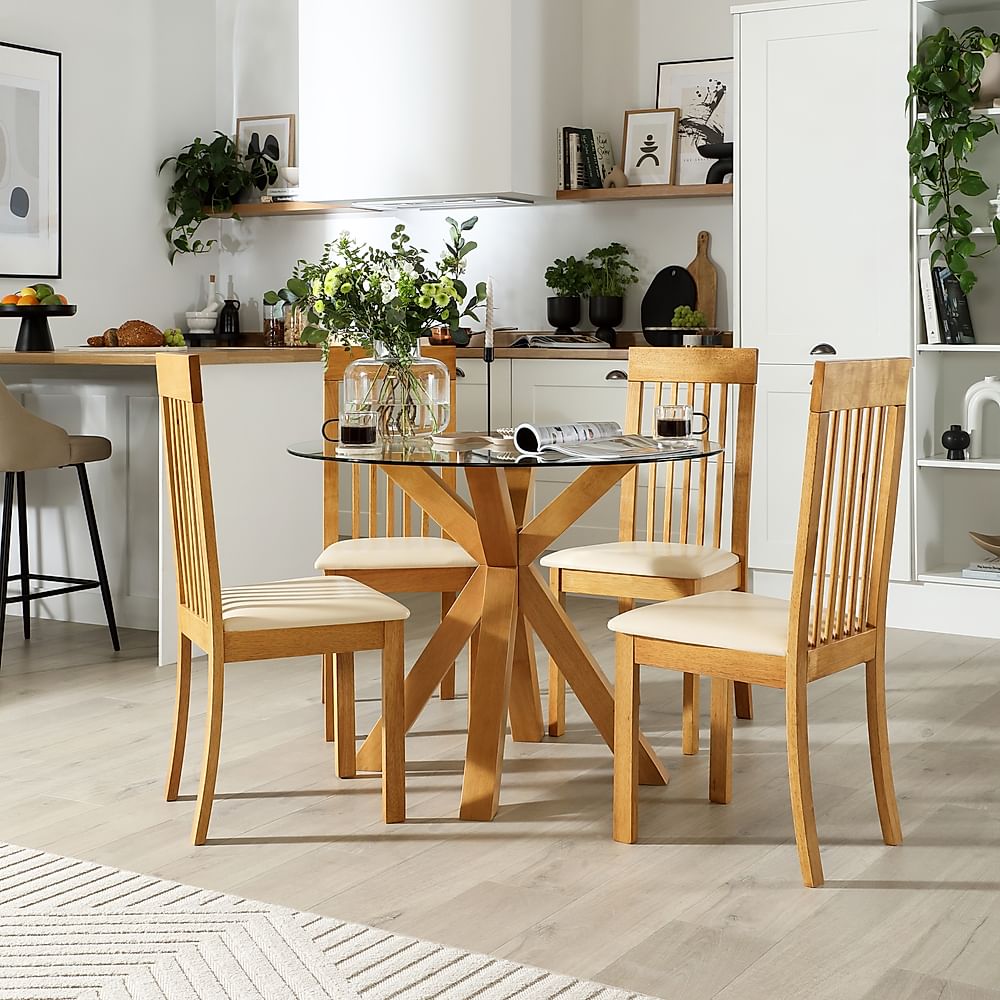 Hatton Round Dining Table & 4 Oxford Chairs, Glass & Natural Oak Finished Solid Hardwood, Ivory Classic Faux Leather, 100cm