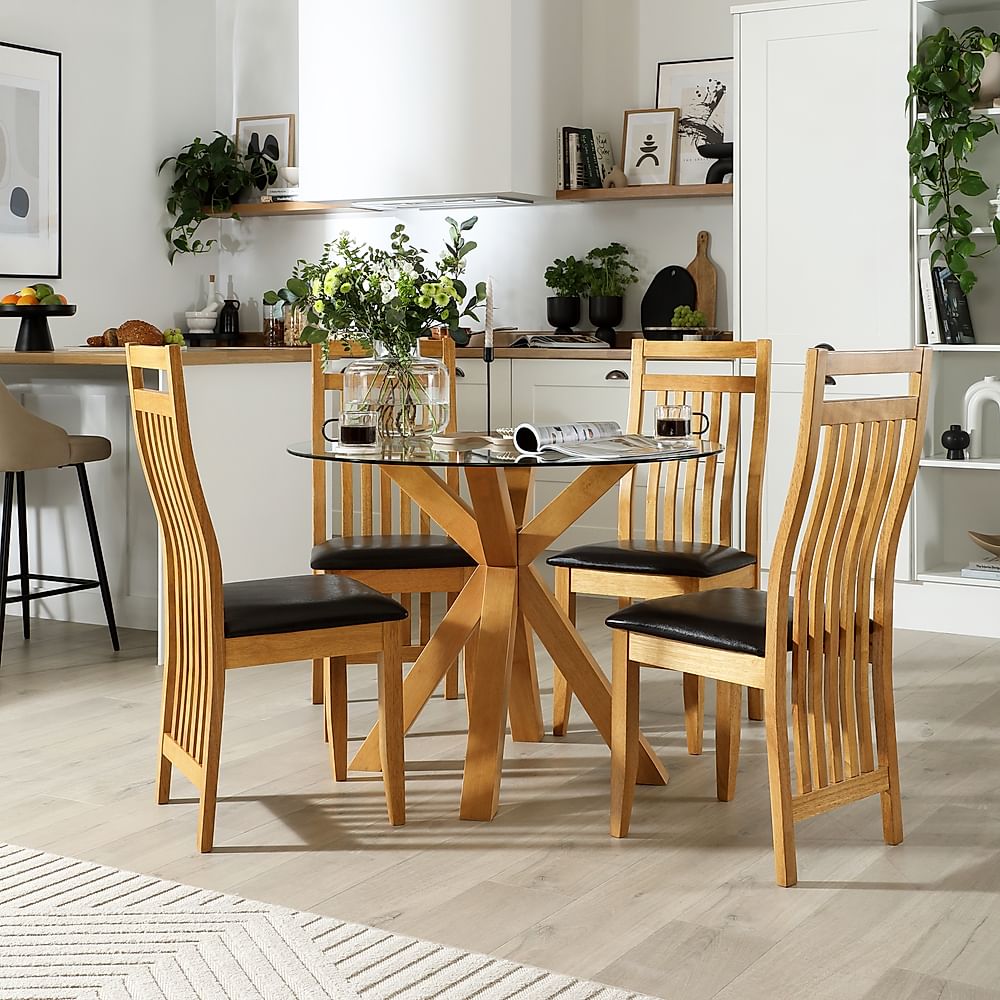 Hatton Round Dining Table & 4 Bali Chairs, Glass & Natural Oak Finished Solid Hardwood, Brown Classic Faux Leather, 100cm