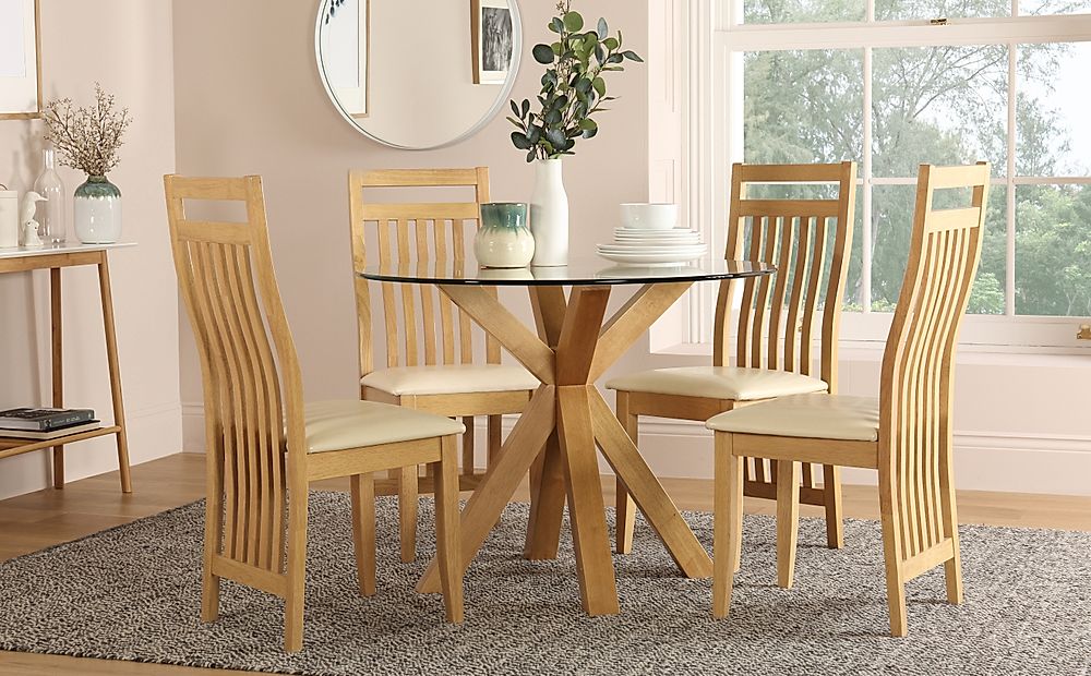 Hatton Round Dining Table & 4 Bali Chairs, Glass & Natural Oak Finished Solid Hardwood, Ivory Classic Faux Leather, 100cm