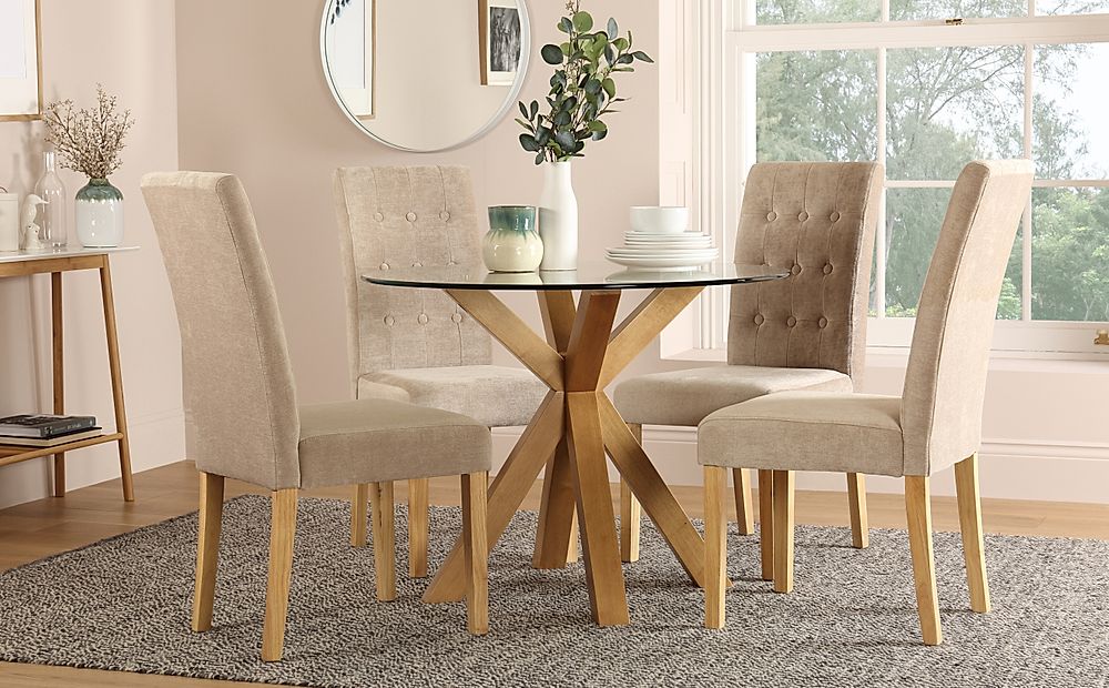 Hatton Round Dining Table & 4 Regent Chairs, Glass & Natural Oak Finished Solid Hardwood, Oatmeal Classic Linen-Weave Fabric, 100cm