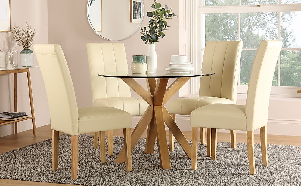 Hatton Round Dining Table & 4 Carrick Chairs, Glass & Natural Oak Finished Solid Hardwood, Ivory Classic Faux Leather, 100cm