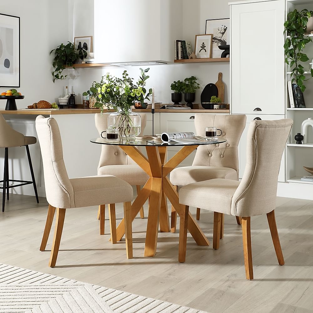 Hatton Round Dining Table & 4 Bewley Chairs, Glass & Natural Oak Finished Solid Hardwood, Oatmeal Classic Linen-Weave Fabric, 100cm