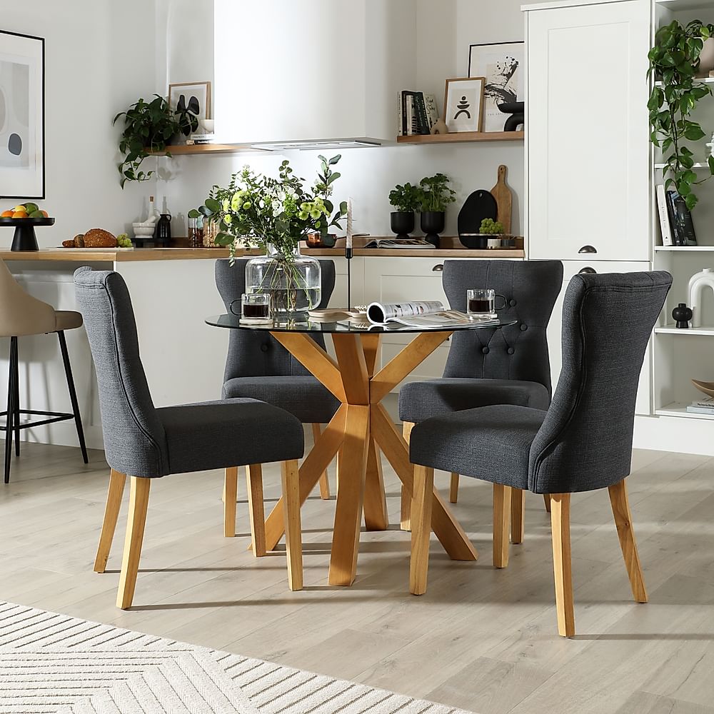 Hatton Round Dining Table & 4 Bewley Chairs, Glass & Natural Oak Finished Solid Hardwood, Slate Grey Classic Linen-Weave Fabric, 100cm