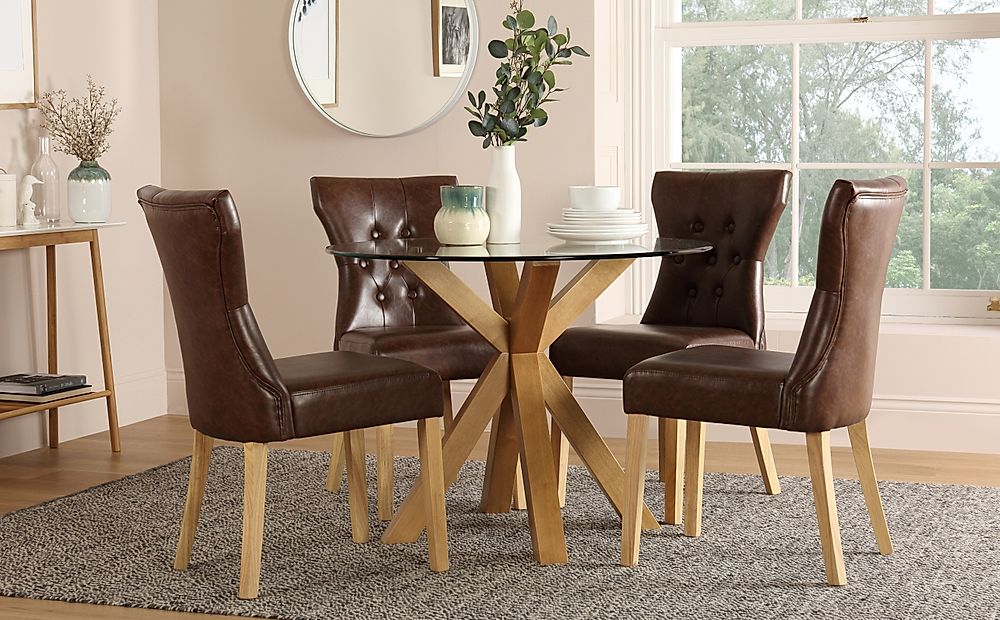 Hatton Round Oak And Glass Dining Table, Round Oak Dining Table With 4 Chairs