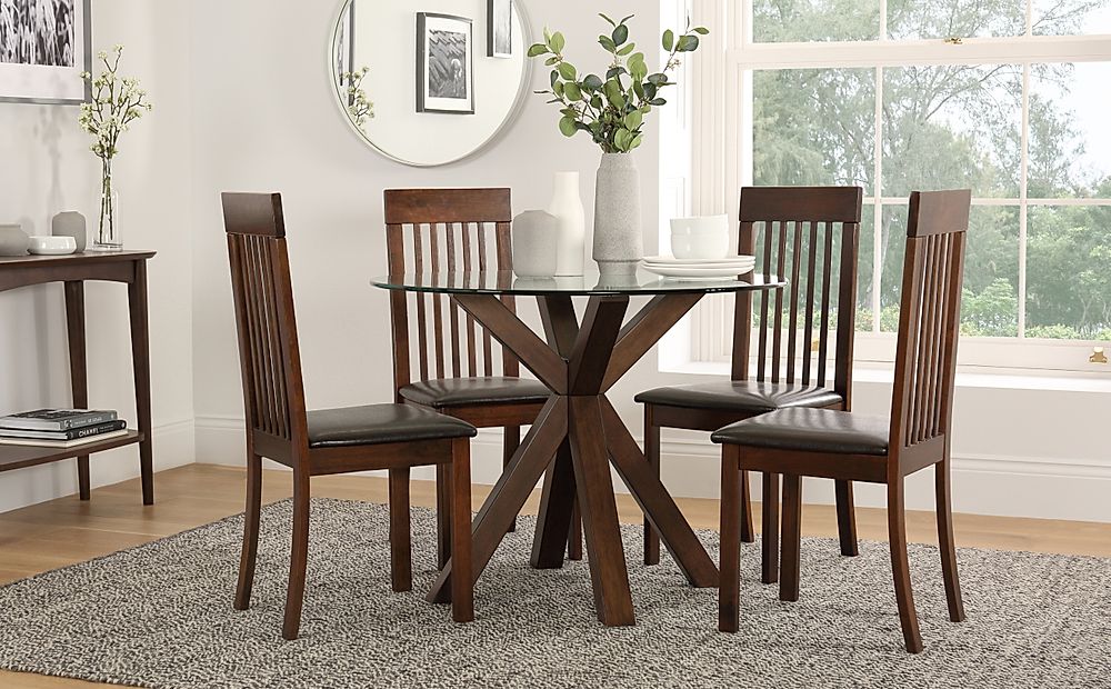Hatton Round Dining Table & 4 Oxford Chairs, Glass & Dark Solid Hardwood, Brown Classic Faux Leather, 100cm