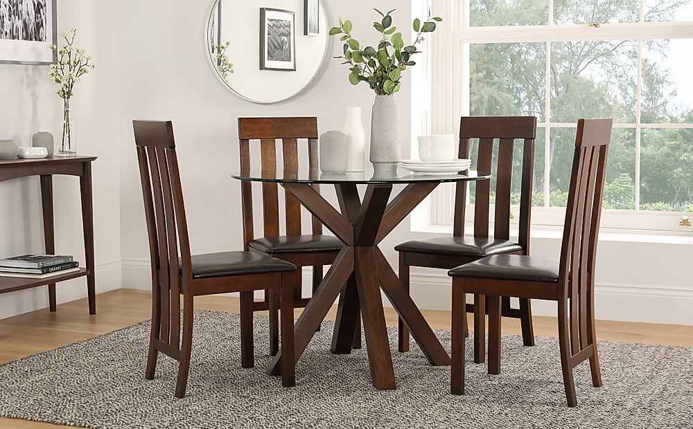 Hatton Round Dining Table & 4 Chester Chairs, Glass & Dark Solid Hardwood, Brown Classic Faux Leather, 100cm