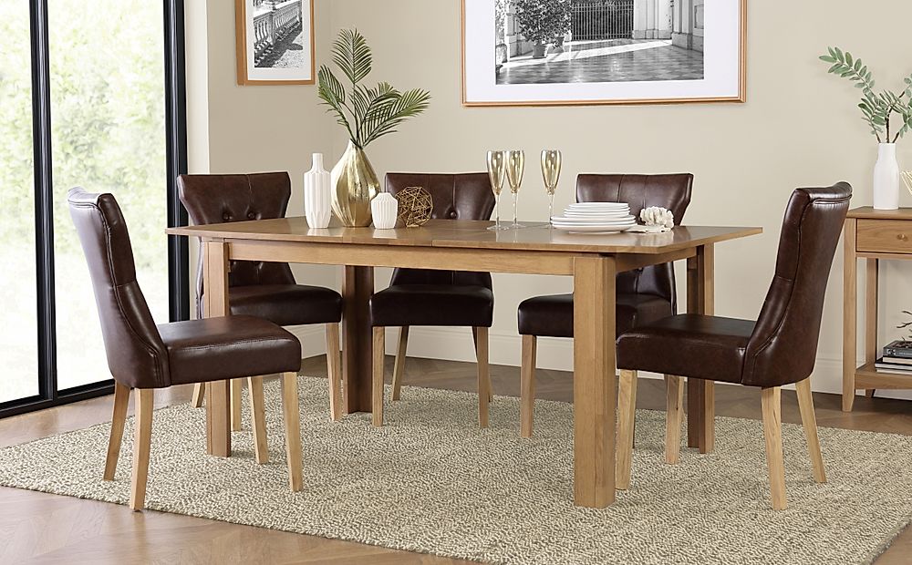 Bali Extending Dining Table & 6 Bewley Chairs, Natural Oak Finished Solid Hardwood, Club Brown Classic Faux Leather, 150-180cm