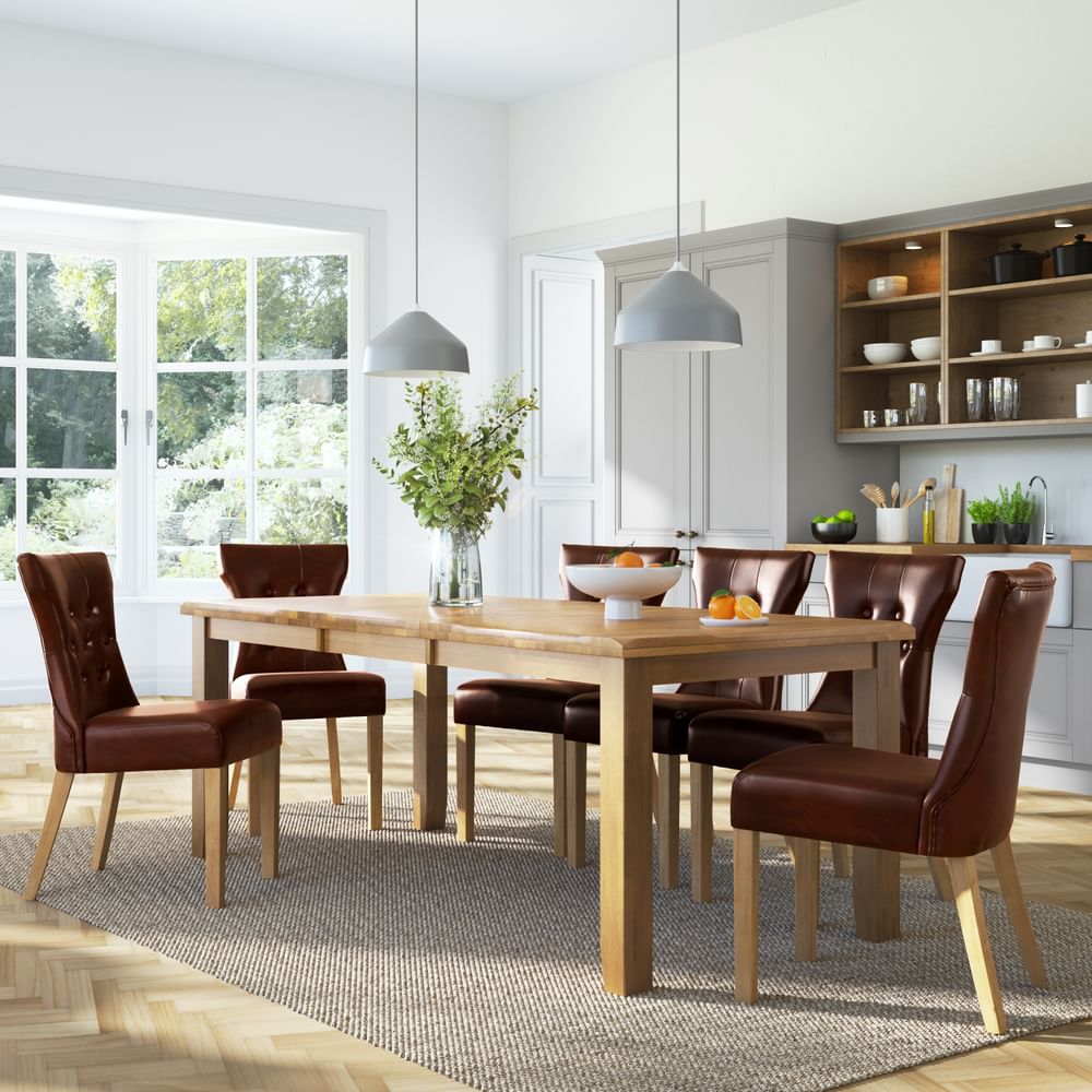 Highbury Extending Dining Table & 4 Bewley Chairs, Natural Oak Finished Solid Hardwood, Club Brown Classic Faux Leather, 150-200cm