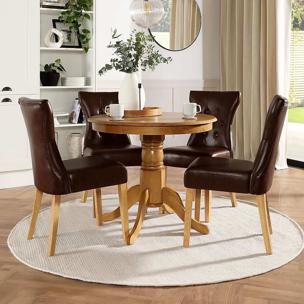 Kingston Round Dining Table & 4 Bewley Chairs, Natural Oak Finished Solid Hardwood, Club Brown Classic Faux Leather, 90cm