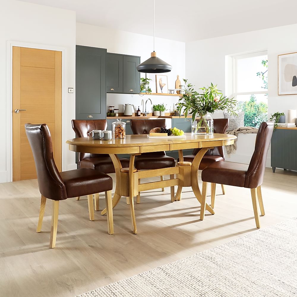 Townhouse Oval Extending Dining Table & 4 Bewley Chairs, Natural Oak Finished Solid Hardwood, Club Brown Classic Faux Leather, 150-180cm