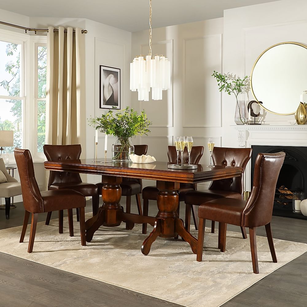 Chatsworth Extending Dining Table & 4 Bewley Chairs, Dark Solid Hardwood, Club Brown Classic Faux Leather, 150-180cm