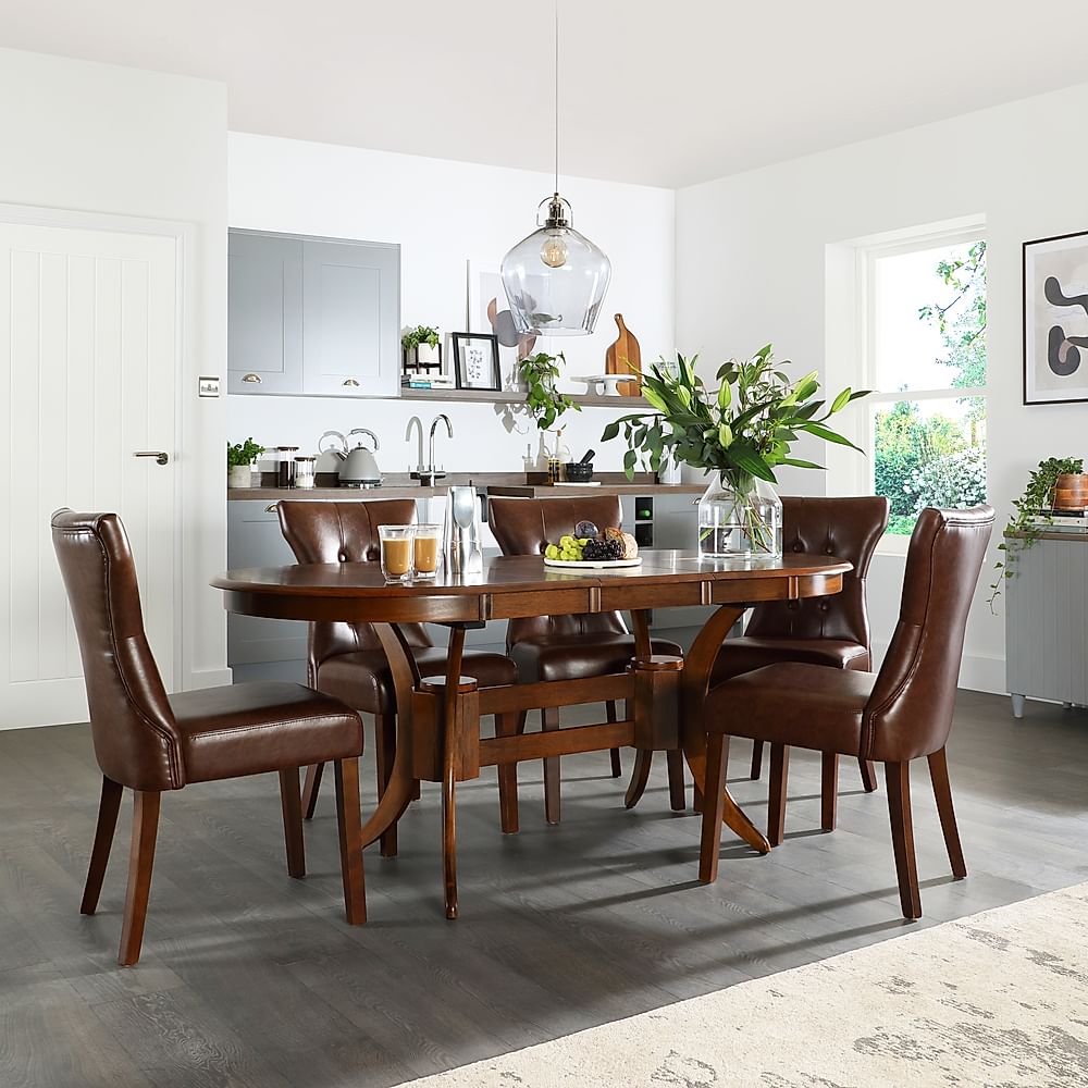 Townhouse Oval Extending Dining Table & 4 Bewley Chairs, Dark Solid Hardwood, Club Brown Classic Faux Leather, 150-180cm