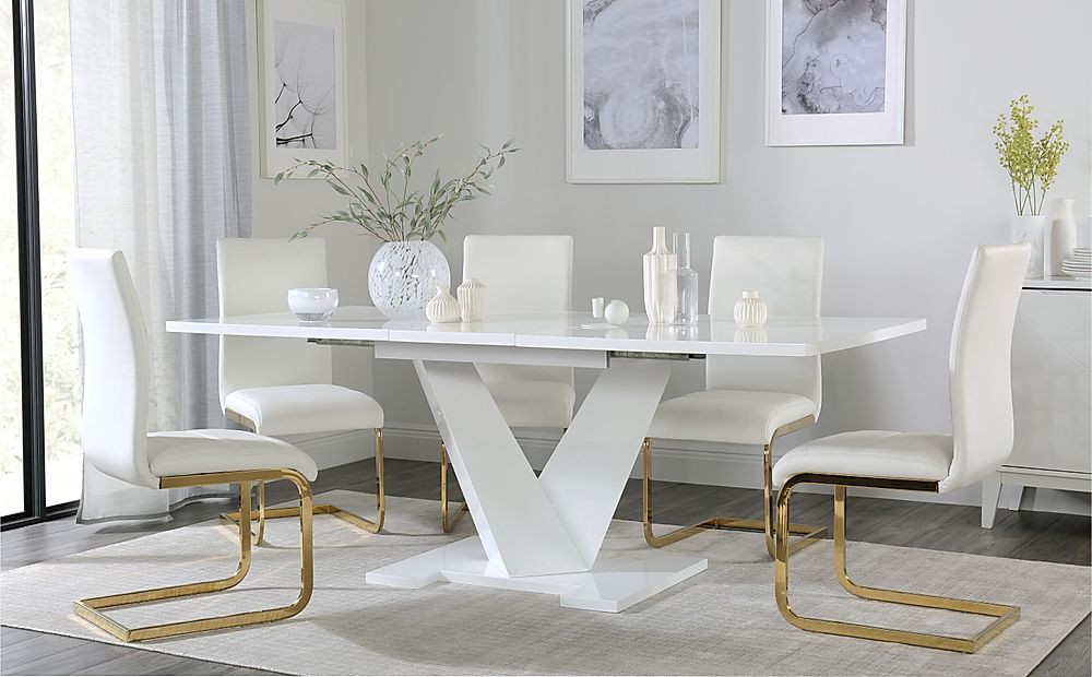 Turin White High Gloss Extending Dining, Gold Dining Room Chairs