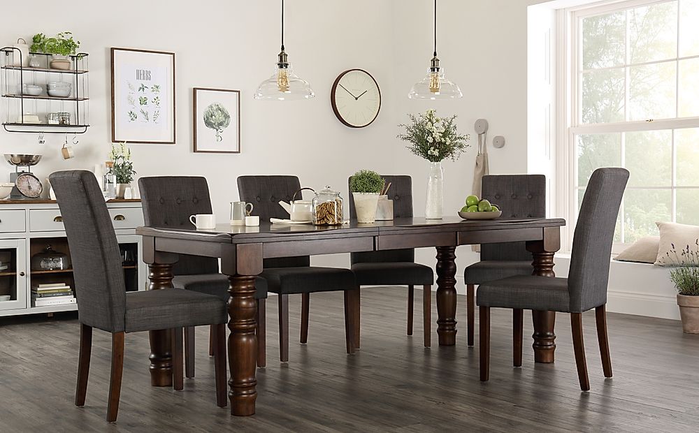 Hampshire Extending Dining Table & 4 Regent Chairs, Dark Solid Hardwood, Slate Grey Classic Linen-Weave Fabric, 150-200cm