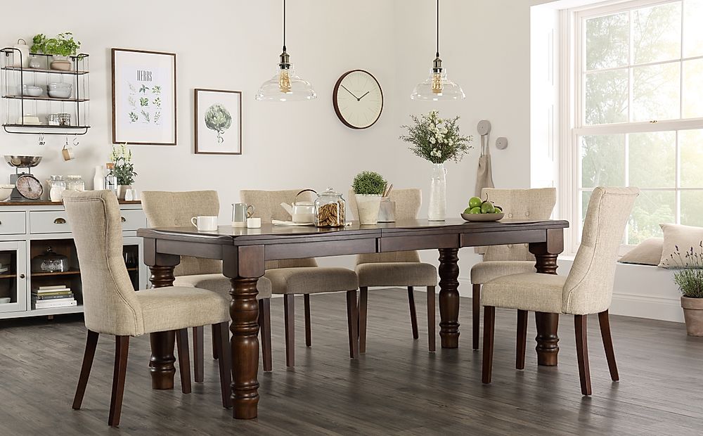 Hampshire Extending Dining Table & 4 Bewley Chairs, Dark Solid Hardwood, Oatmeal Classic Linen-Weave Fabric, 150-200cm
