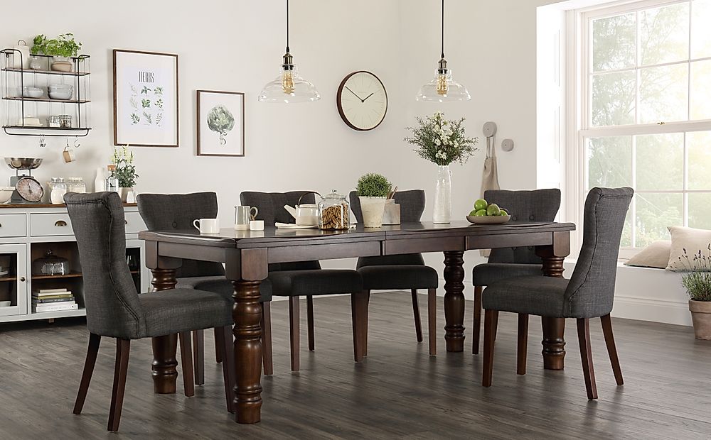 Hampshire Extending Dining Table & 4 Bewley Chairs, Dark Solid Hardwood, Slate Grey Classic Linen-Weave Fabric, 150-200cm